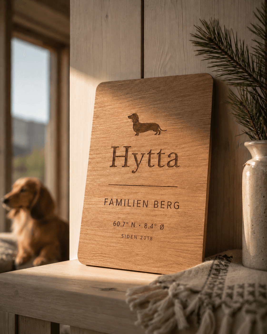 Båndholder fra Småtass, bjørk med messing-krok, gravert med hundens navn